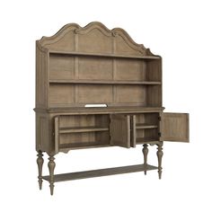 an old fashioned wooden desk with drawers and cupboards on the bottom, in front of a white background