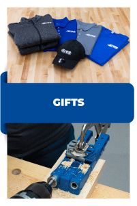 two pictures with the words gifts in blue and black, one has a drill bit on it