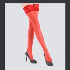 New In The Box Lace Thigh-Highs One Size Fits 90 To 160 Lb Style Red Stretch Thigh-high Legwear, Black Lace Halter Dress, Red Thigh-high Tights, Trendy Red Thigh-high Stockings, Sheer Lace Thigh-high Stockings, Red Stretch Thigh-high Socks, Net Leggings, Red Fishnets, White Fishnets