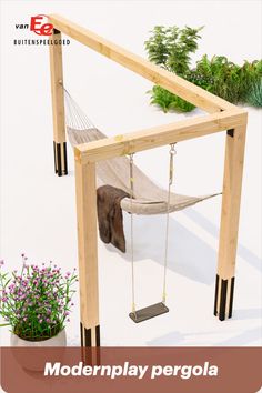 a hammock hanging from the side of a wooden structure with plants in it