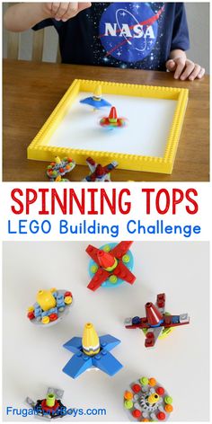 a kid is playing with legos in front of a tray that says spinning tops