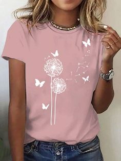 Dandelion & Butterfly Patterned Round Neck Short Sleeve Casual T-Shirt Graphic Tees Women Tops Baby Pink Casual  Short Sleeve Knitted Fabric Plants,Butterfly  Slight Stretch Summer Women Clothing, size features are:Bust: ,Length: ,Sleeve Length: Spring Crew Neck Top With Butterfly Print, White Butterfly-shaped Top For Summer, Spring Butterfly Graphic Print Top, White Butterfly T-shirt For Spring, Cute Butterfly Print T-shirt For Spring, Cute Butterfly Print Short Sleeve T-shirt, Cheap Butterfly Print T-shirt For Summer, Trendy Cotton T-shirt With Butterfly Print, Casual Pink T-shirt With Butterfly Print