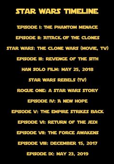 the star wars time line is shown in black and yellow text on a black background