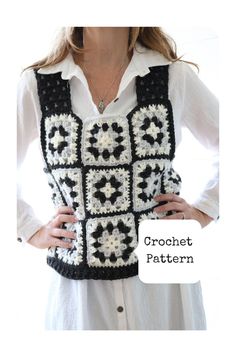 a woman wearing a crochet vest with flowers on it