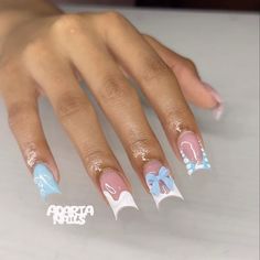 Baby blue , white , nails Baby Blue And White Acrylic Nails, Light Blue Nails Black Women, White And Baby Blue Nails Acrylic, Baby Blue Duck Nails, Baddie Blue Nails, Baby Blue And Gold Nails, Blue And White Short Nails, Baby Blue Nail Art, Baby Blue And White Nails