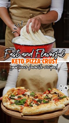 two pictures with different types of pizzas on them and one has the words fast and famous keto pizza crust