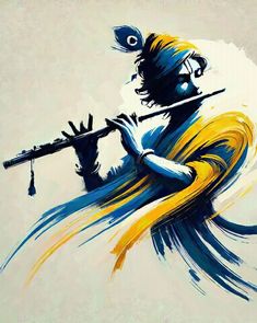 a painting of a man playing the flute with blue and yellow streaks on his body