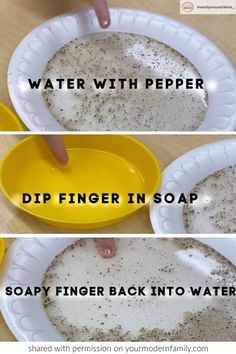 the instructions for how to use soapy finger into water and pepper in paper plates