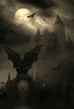 a black and white photo of a castle with bats flying over it in the night