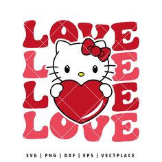 a hello kitty holding a heart with the word love in red and pink on it