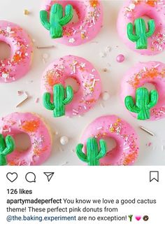 pink doughnuts with sprinkles and cactus decorations on them are featured in an instagram