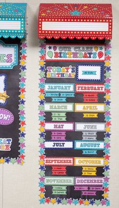 two bulletin boards on the wall with birthday signs attached to them, each decorated in different colors and designs