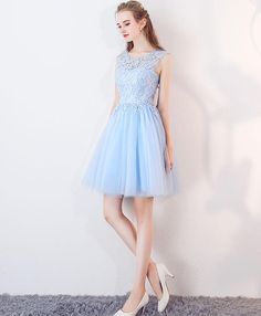 Light Blue Knee-length Dress For Banquet, Light Blue Knee-length Prom Dress, Knee-length Blue Evening Dress For Prom, Blue Knee-length Evening Dress For Prom, Tulle Dress With Illusion Neckline For Banquet, Blue Knee-length Wedding Mini Dress, Blue Knee-length Mini Dress For Wedding, Blue Mini Tulle Dresses, Blue Tulle Dress For Prom Season