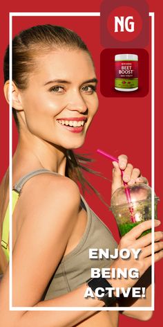 a woman holding a drink in her right hand and smiling at the camera, with text that reads enjoy being active