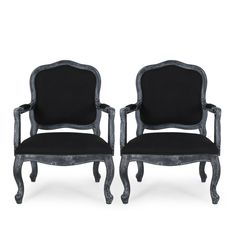 a pair of chairs with black upholstered back and arms, both facing each other