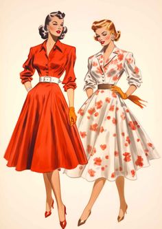 two women in dresses from the 1950's, one is wearing a red and white dress