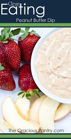 some strawberries and apples are next to a bowl of cream cheese dip on a white plate