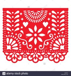 a red paper cutout with flowers and hearts on it's edges, in the shape