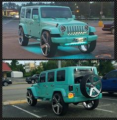 two pictures of the same green jeep in different stages of being painted blue and black