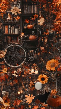 an autumn scene with pumpkins, bookshelves and a bicycle surrounded by leaves