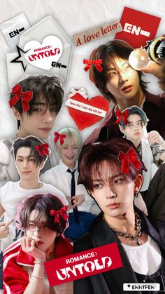 collage of young men and women with red bows on their heads, in the style of anime