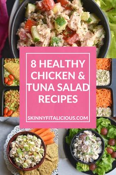 healthy chicken and tuna salads with text overlay