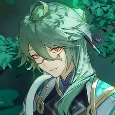 an anime character with green hair and blue eyes standing in front of some trees, looking at the camera