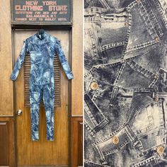 "Vintage 1970's Denim Patchwork Print Mod Glam Jumpsuit Outfit. Size \"S\". Please check the measurements below. Very good condition - General signs of wear. The label is \"Nina Correa\". Bodysuit with blue denim print. Back zipper closure. MEASUREMENTS (taken flat) Material has stretch. Bust: 16.5\" un-stretched. Waist: 13.5\" Hips: 17.5\" Shoulder: 15\" Length: 55\" (back neck seam to hem) Hem room: N/A Sleeve length: 22\" (shoulder to cuff) All Sales Final. Please ask any questions before pur 1970s Outfits, Vintage Jumpsuit, Vintage Pullovers, Jumpsuit Outfit, Detailed Sweater, Denim Patchwork, Vintage Jacket, Wool Sweaters, Piece Of Clothing