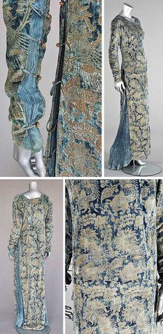 Stencilled velvet gown, Mariano Fortuny, Venice, early 20th century. Blue velvet stencilled in gold with medieval-style patterns. Sides inset with pleated silk, laced with silk cords, & fastened with Murano glass beads. Kerry Taylor Auctions/Artfact Dornish Women, Mario Fortuny, Fortuny Dress, 1910s Fashion, Hippy Chic, 20th Century Fashion, Velvet Gown