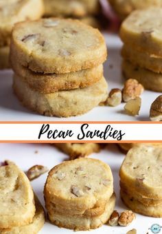 pecan cookies stacked on top of each other with the words pecan sandies above them