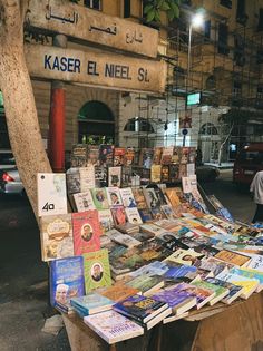 there is a table with many books on it in front of a building that says kaser el niell st