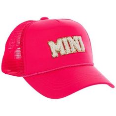 Size: Youth One Size Fits Most Color: Hot Pink, White & Gold Content: 94% Polyester & 6% Spandex Quantity: 1 Care: Spot Clean With Damp Cloth or Sponge Create an eye-catching beach outfit with this Mini Trucker Hat. This hot pink cap has the word "Mini" in white chenille letters outlined by gold sequins on its front. Fit it to your head with the plastic adjuster strap at its back, and wear it to finish off your bright summer style! Or, pair it with our Mama Trucker Hat for a fun matching outfit with your child! Pink Cap For Summer, Pink Baseball Cap For Summer Sports, Pink Summer Sports Baseball Cap, Pink Summer Trucker Hat For Beach, Pink Summer Trucker Hat For Beach Season, Pink Trucker Hat For Summer Beach, Pink Sports Hats For Summer, Pink Summer Trucker Hat, Pink Summer Baseball Cap