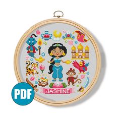 a cross stitch pattern with the name jasmine in front of it and an image of