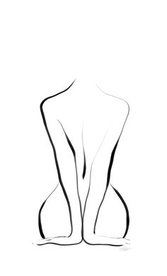 an abstract black and white drawing of a woman's back, with her legs spread out