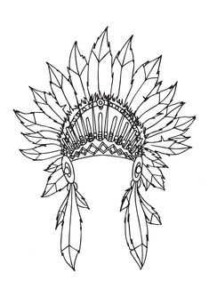 a native american headdress with feathers and beads on it's forehead, drawn in