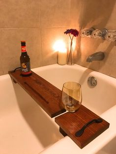 Welcome to Blank Canvas by Brandon! Treat yourself or a loved one to this unique item! It is a perfect gift for any occasion, because everyone loves to relax! This bath caddy is hand crafted and then wood burned with an engraving of TREAT. YO. SELF. in the middle & engraving “Beer” in the Beer Bath Tub Tray, Beer Bath, Wine Bath, Wine House, Rustic Bathroom Decor