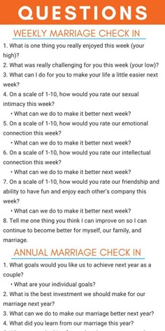 Use these marriage check in questions for your next marriage check up. Whether you have a daily, weekly, monthly or yearly checkup, these insightful questions will be useful. To learn how to have a marriage checkup with your spouse, just click on the image for our step-by-step guide. #ourpf #marriage #checkin #checkup #questions #howto #couples #married #relationships #stateofmarriage #address #husband #wife #relationships Weekly Questions For Couples, Couples Weekly Check In Questions, Daily Couple Questions, Spouse Check In Questions, Monthly Couple Check In, Daily Check In Questions For Couples, Monthly Couple Check In Questions, Monthly Relationship Check In, Talk About Before Marriage