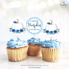 three cupcakes with blue frosting on top