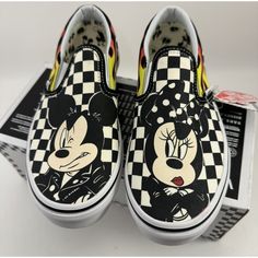 Kids 5-10 Years Size 3.0 Brand New. Celebrating Mickey Mouse's 90th Birthday, This Classic Slip On Not Only Features Mickey But Also His Iconic Partner- Minnie. Each Foot Comes In A Checkboard Colorway, Flame Accents As Well As Their Varied Portraits. With A Canvas Upper, Black And White Motif And Rubber Outsole. * Classic Slip-On Silhouette. * Sturdy Canvas Uppers With Elastic Side Accents. * Features Mickey And Minnie Print With Classic Checkerboard Detailing. * Padded Collar And Heel Counters For All-Day Comfort. * Vulcanized Construction Offers A Slimmed-Down Look And Optimum Flex. * Signature Waffle Rubber Outsole For Superior Grip. * Imported. Mickey And Minnie Vans, Fun Sneakers With Character Print And Round Toe, Mickey Mouse Synthetic Sneakers For Streetwear, Black Mickey Mouse Sneakers For Streetwear, Disney Character Print Sneakers With Round Toe, Fun Vans Sneakers For Streetwear, Vans Sneakers For Streetwear, Black Sneakers With Character Print, Disney White Sneakers With Mickey Mouse Detail