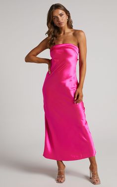 Satin Pink Strapless Dress, Heels With Pink Dress, Pink Satin Dress Outfit, Hot Pink Formal Dress, Hot Pink Silk Dress, Satin Dress Pink, Hot Pink Satin Dress, Pink Wedding Guest Dresses, Hot Pink Cocktail Dress