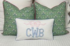 This listing is for ONE monogrammed applique PILLOW COVER ONLY with personalized monogram of your choice. This pillow is made out of quality medium weight linen, brushed cotton, or cotton pique. If you have questions or would like to customize this design (size, fabric color, etc.) feel free to convo us.  If you are unsure of color or texture, please request a sample prior to purchase. Featured pillow is of a finished 11x19 in white brushed cotton with monogram in powder blue applique, blue thread, and blue cording. Bow applique in light pink with baby pink thread. All of our pillows come with a commercial invisible zipper, finished interior seams, and fully lined.   Please specify in the NOTE Section when placing your order 1. Monogram, First Name Initial (Left), Last Name Initial (Center Monogram Bolster Pillow, Monogram Pillowcase, Monogram Applique, Applique Pillow, Bow Applique, Applique Pillows, Pink Thread, Kid Rooms, Rocky Top