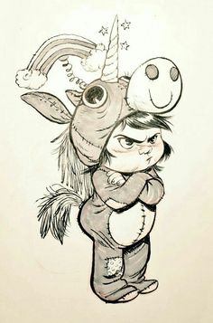 a drawing of a girl hugging a unicorn with a hat on her head and an eyeball