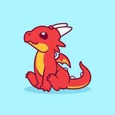 a red and yellow dragon sitting on top of a blue floor next to a light blue wall