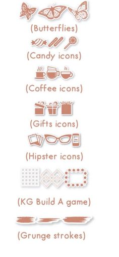 some type of sticker with words and symbols on it, including coffee beans, butterflies, candy icons, hipster icons, grunge