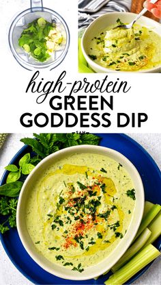 a bowl of green goddess dip with celery and carrots