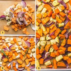 four pictures show how to cut and dice the vegetables into cubes, then place them on a baking sheet