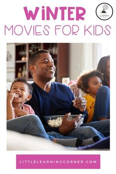 a man and two children sitting on a couch eating popcorn while the child is watching tv