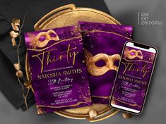 purple and gold mardi gras masquerade party invitations on a plate