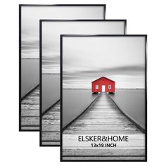 three framed pictures with a red house on the end of a dock in black and white