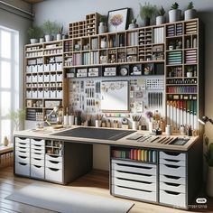 an office with lots of drawers and shelves filled with books, papers, pencils and pens